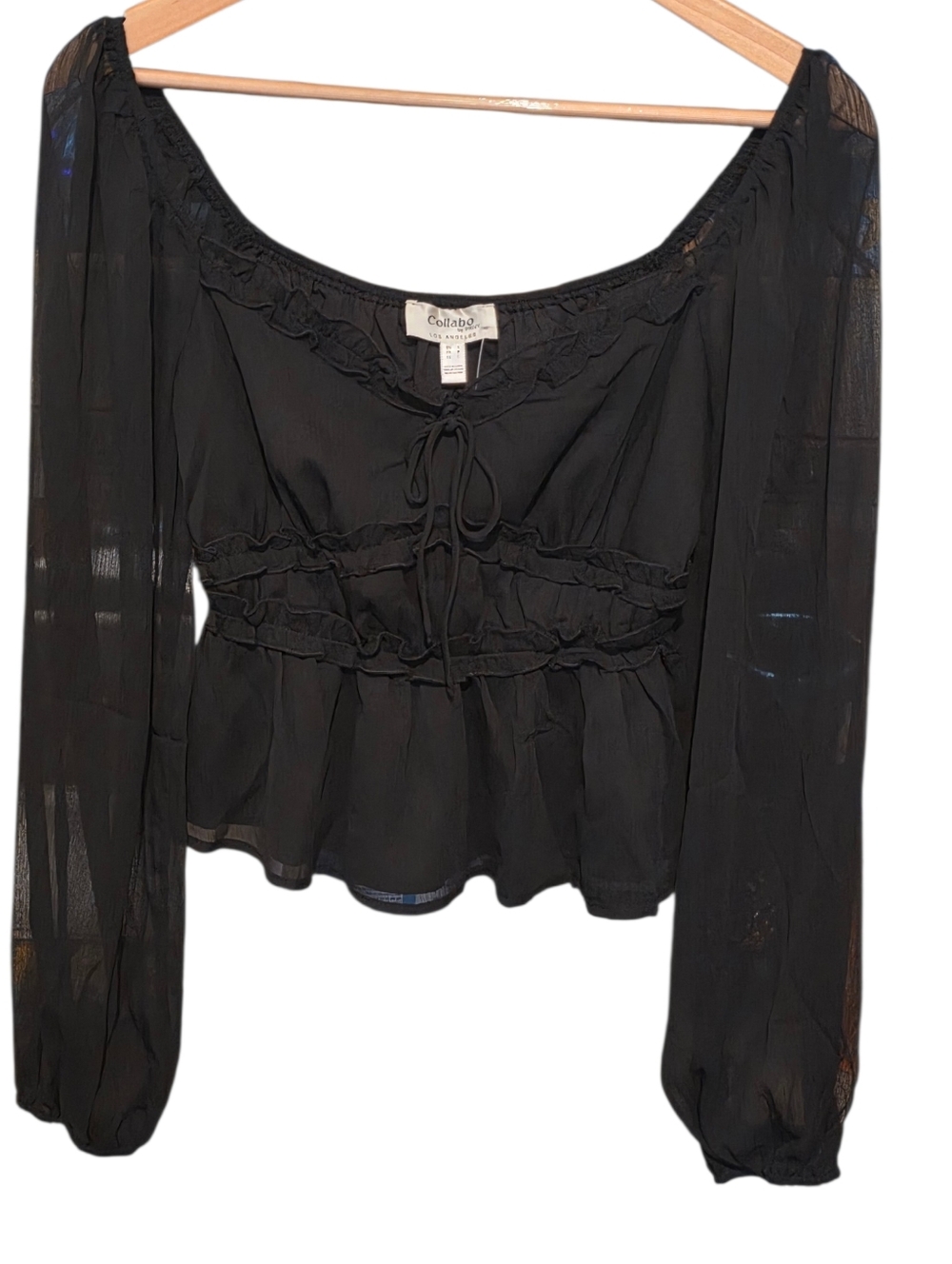 Collabo By Privy Stretch Waist Peplum Black Whimsigoth Top Sheer Sleeves Size S